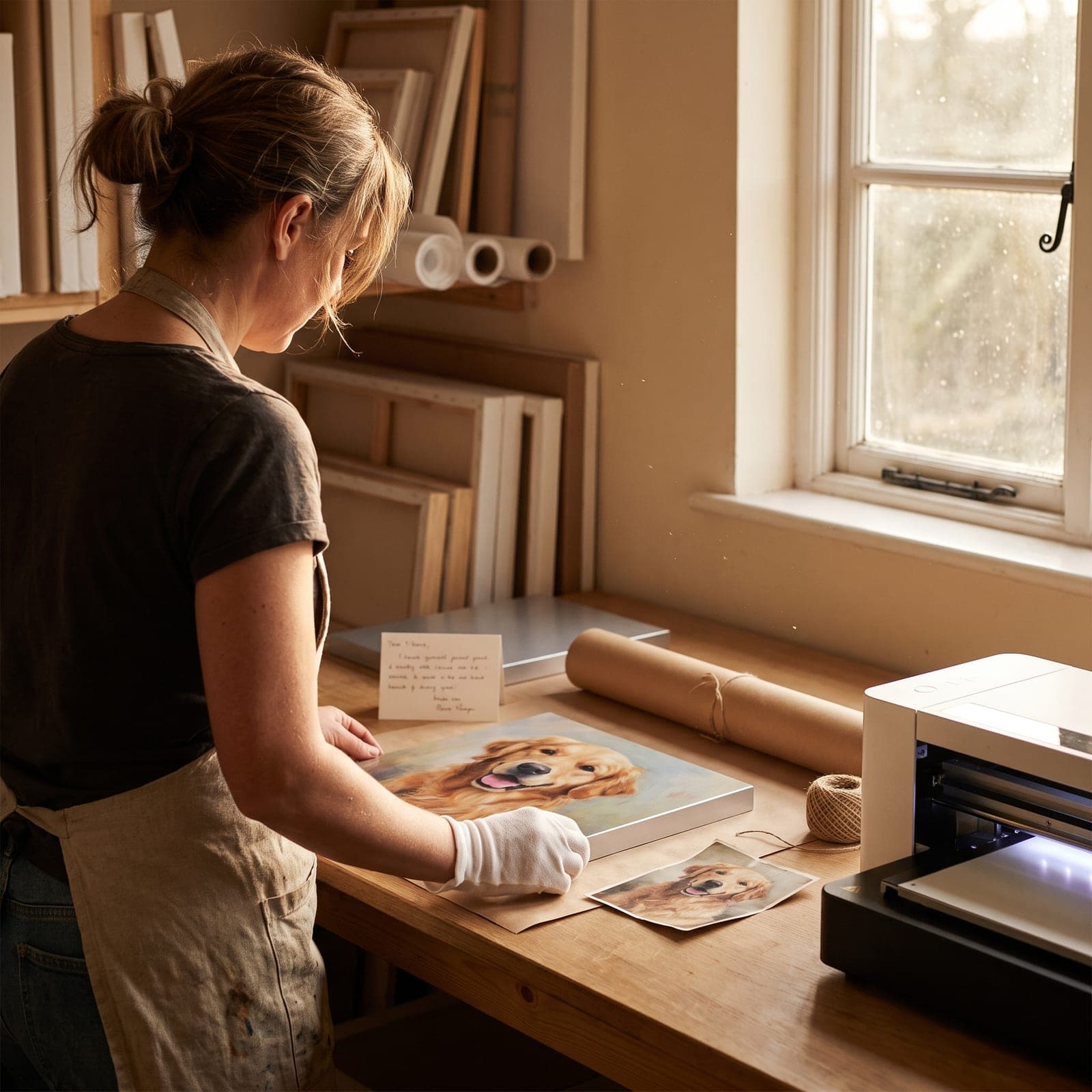 Dans l’atelier, une artisane prépare une commande avec soin : l’œuvre est comparée à la photo originale de l’animal, gants blancs et emballage kraft à portée de main