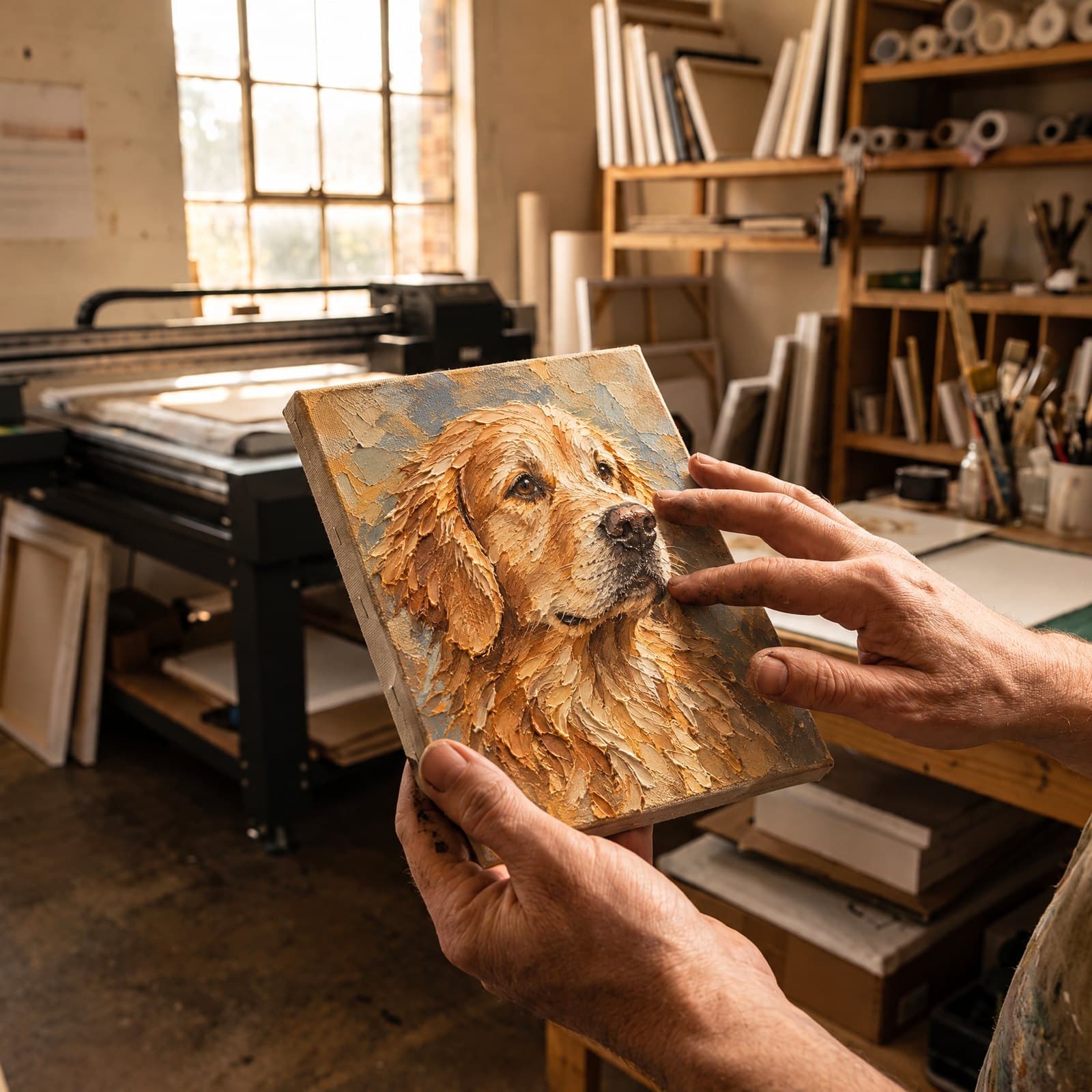 Mains d’artisan effleurant une toile texturée, portrait d’un golden retriever imprimé en relief, dans l’atelier