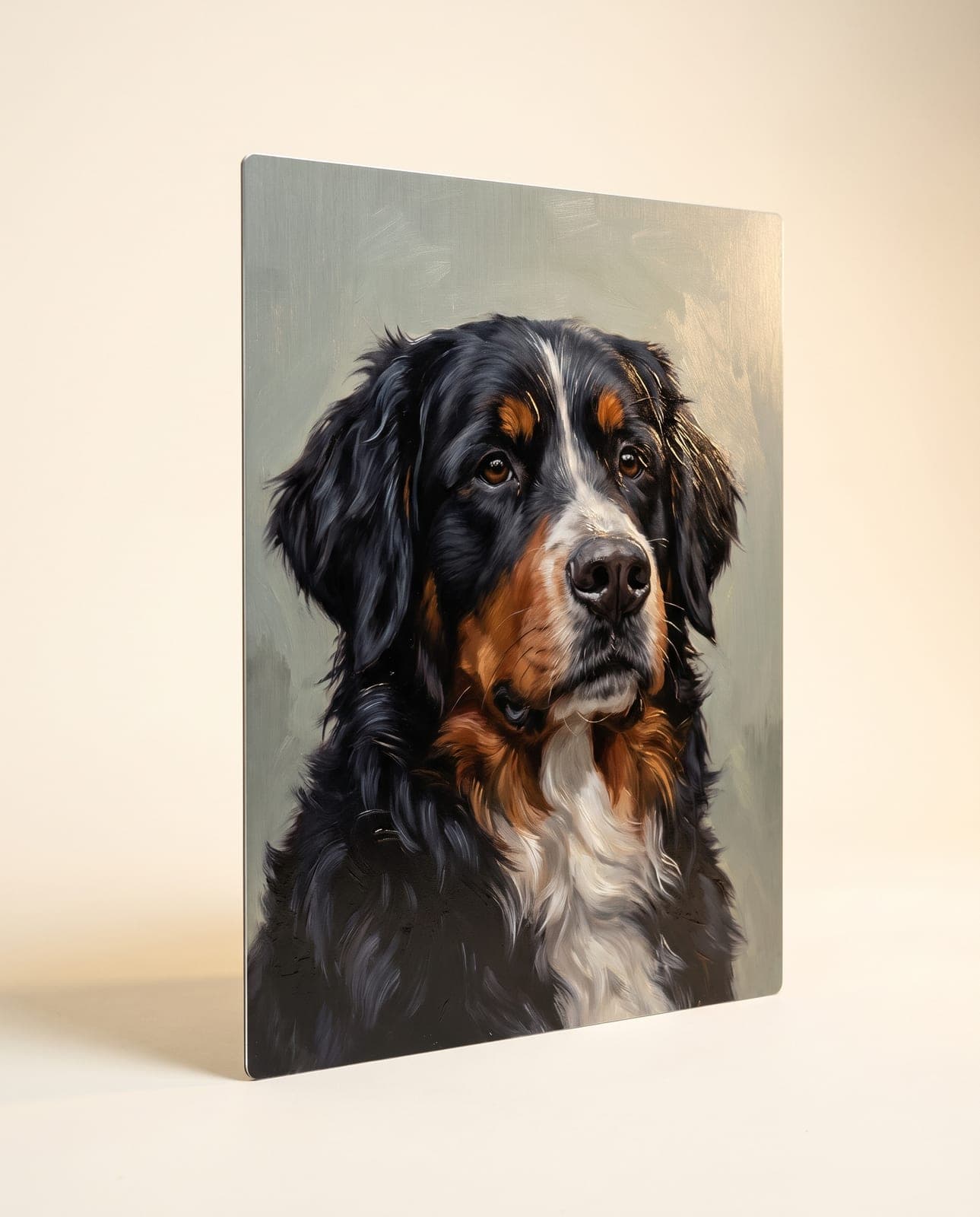 Portrait peint d’un bouvier bernois, imprimé UV sur plaque d’aluminium brossé