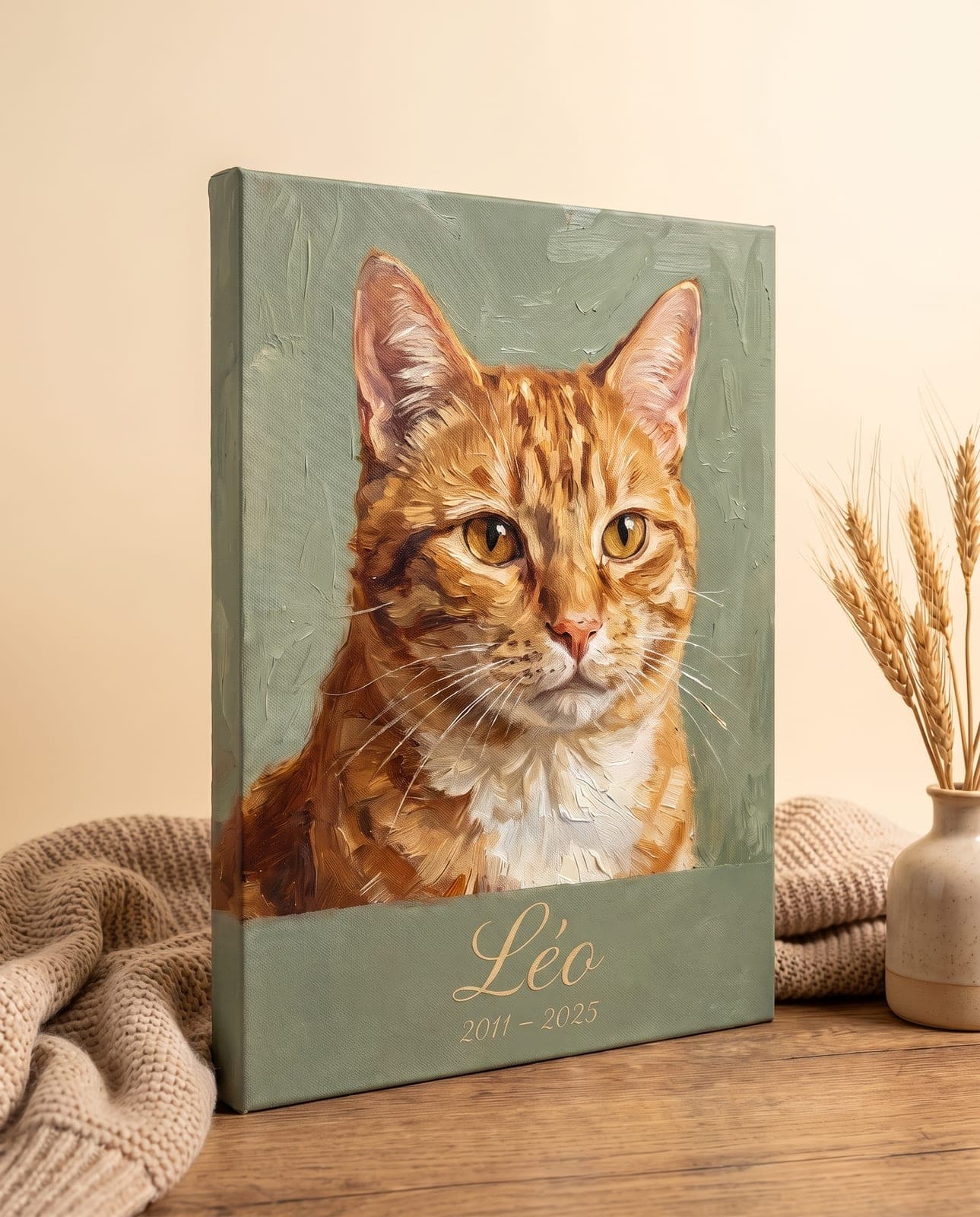 Portrait à l’huile d’un chat roux sur toile d’artiste, avec la dédicace « Léo · 2011 – 2025 »