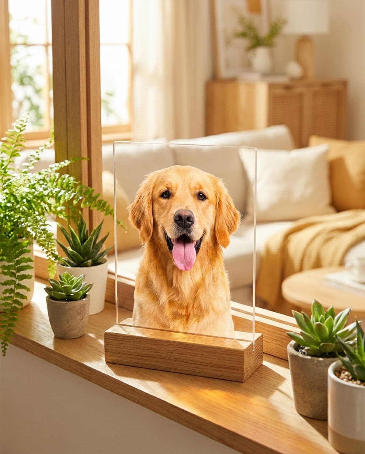 Plaque acrylique d’un golden retriever joyeux, langue sortie, sur socle de bois devant une fenêtre ensoleillée