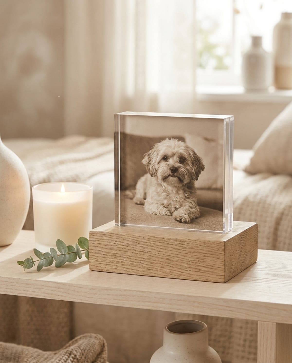 Plaque acrylique hommage d’un petit chien sur socle de bois, ambiance douce avec bougie et eucalyptus
