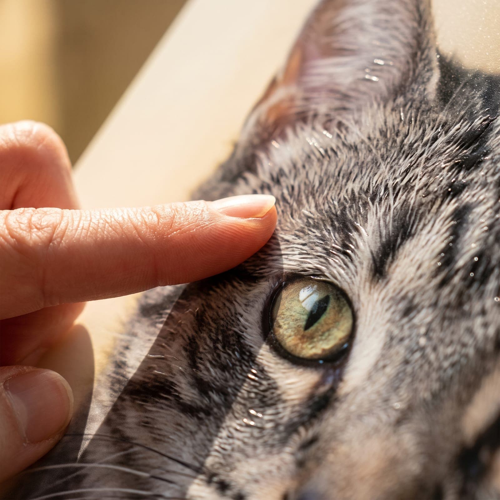 Bout du doigt caressant le relief 3D d’un portrait de chat imprimé UV — le pelage est texturé au toucher
